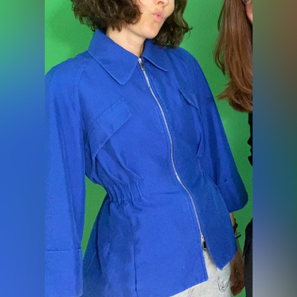 Christian Dior indigo blue silk blend structured 3/4 sleeve zip blazer